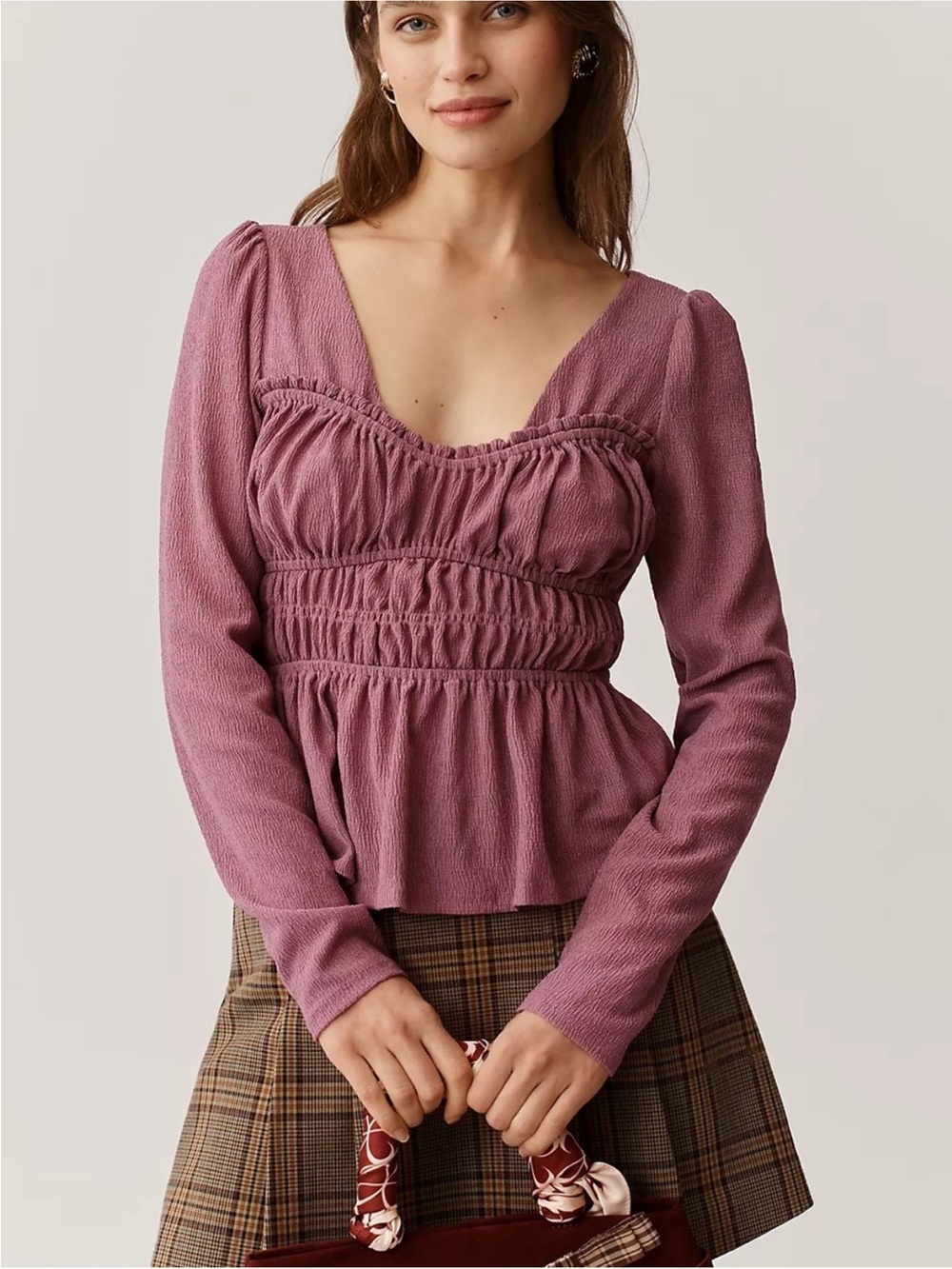 Maeve Anthropologie Smocked Peplum Long Sleeve Blouse Top Mauve Purple Medium